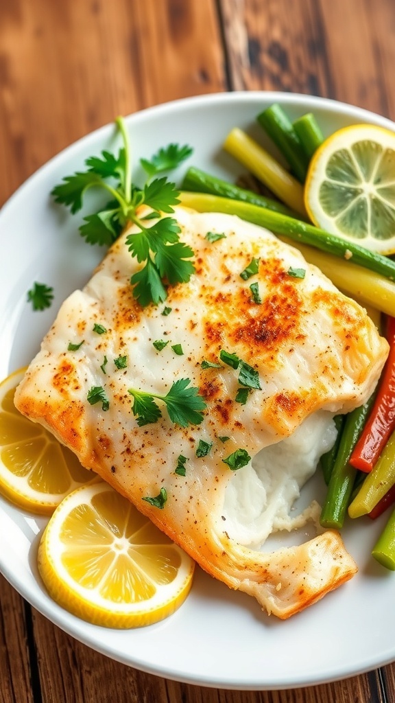 Lemon garlic tilapia fillets garnished with parsley and lemon slices on a white plate with vegetables.